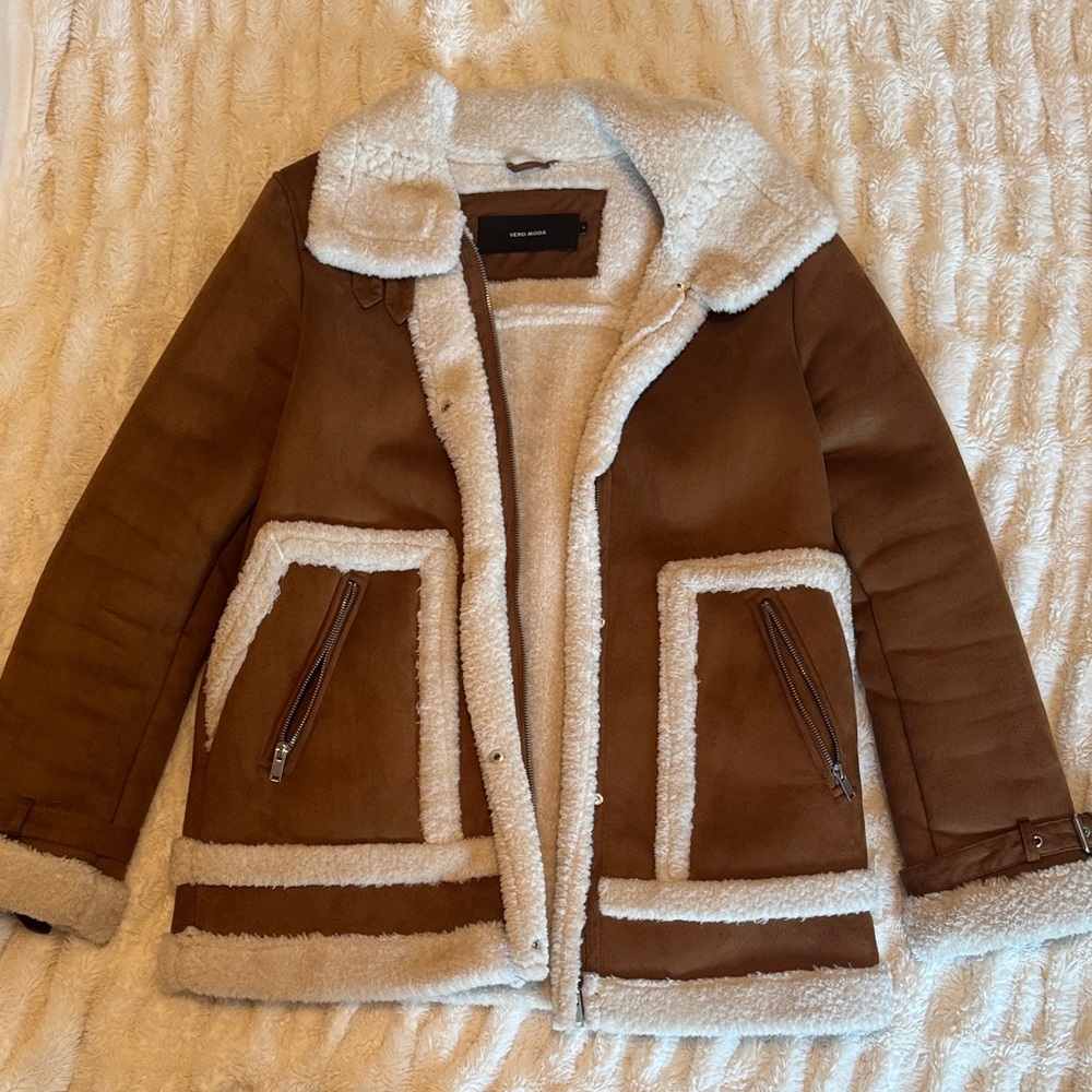 Vero Moda Brown Suede Coat with Shearling Lining